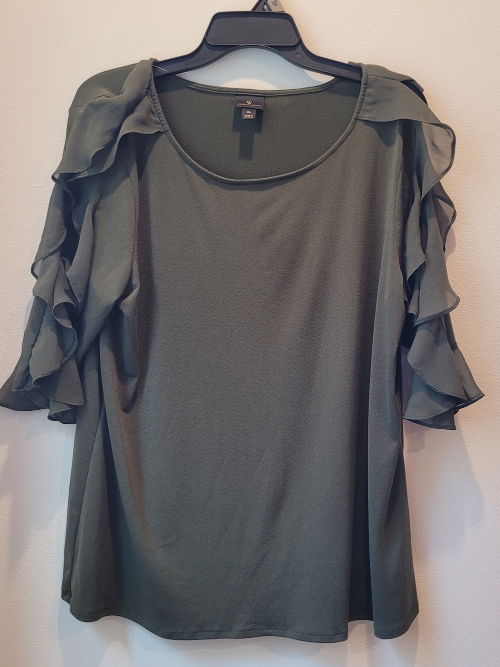Worthington Olive Green Ruffle Sleeve Open Shoulder Blouse